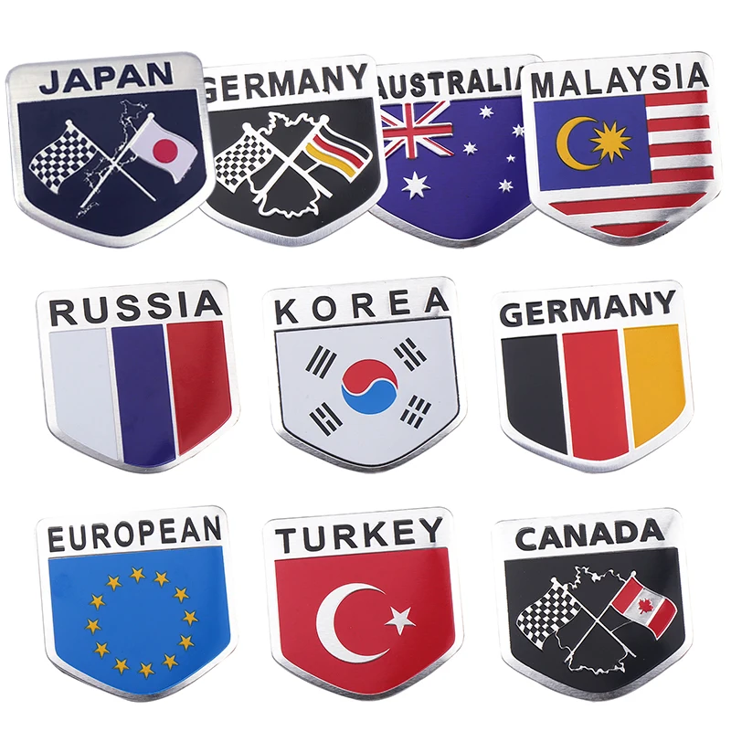 3D Shield Aluminum Germany Canada EU Turkey Malaysia Russia Korea Australia Flag Emblems Badge Car Tail Trunk Body Decor Sticker