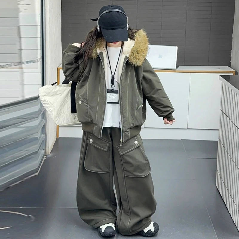 

teen girl clothing suit Big fur collar thicken rabbit fur lining jacket+plush cargo pants 2pc junior kid sport set child outfits
