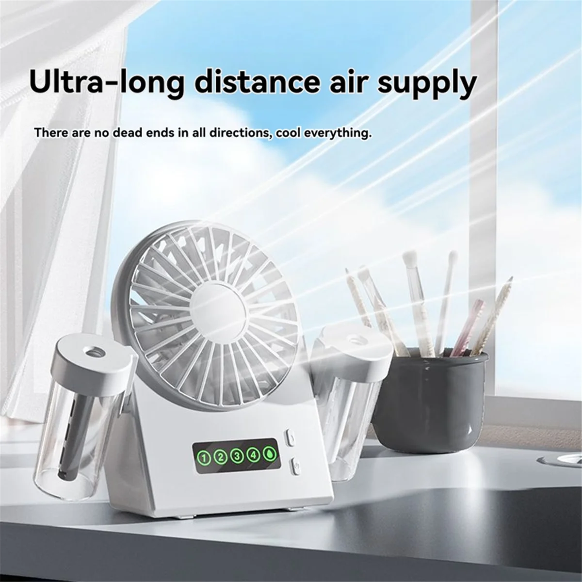 FZFZ デュアルスプレー デスクトップファン 加湿器 2-in-1 USB ポータブル デジタルディスプレイ 水補給スプレー ファン 1200mah ホワイト