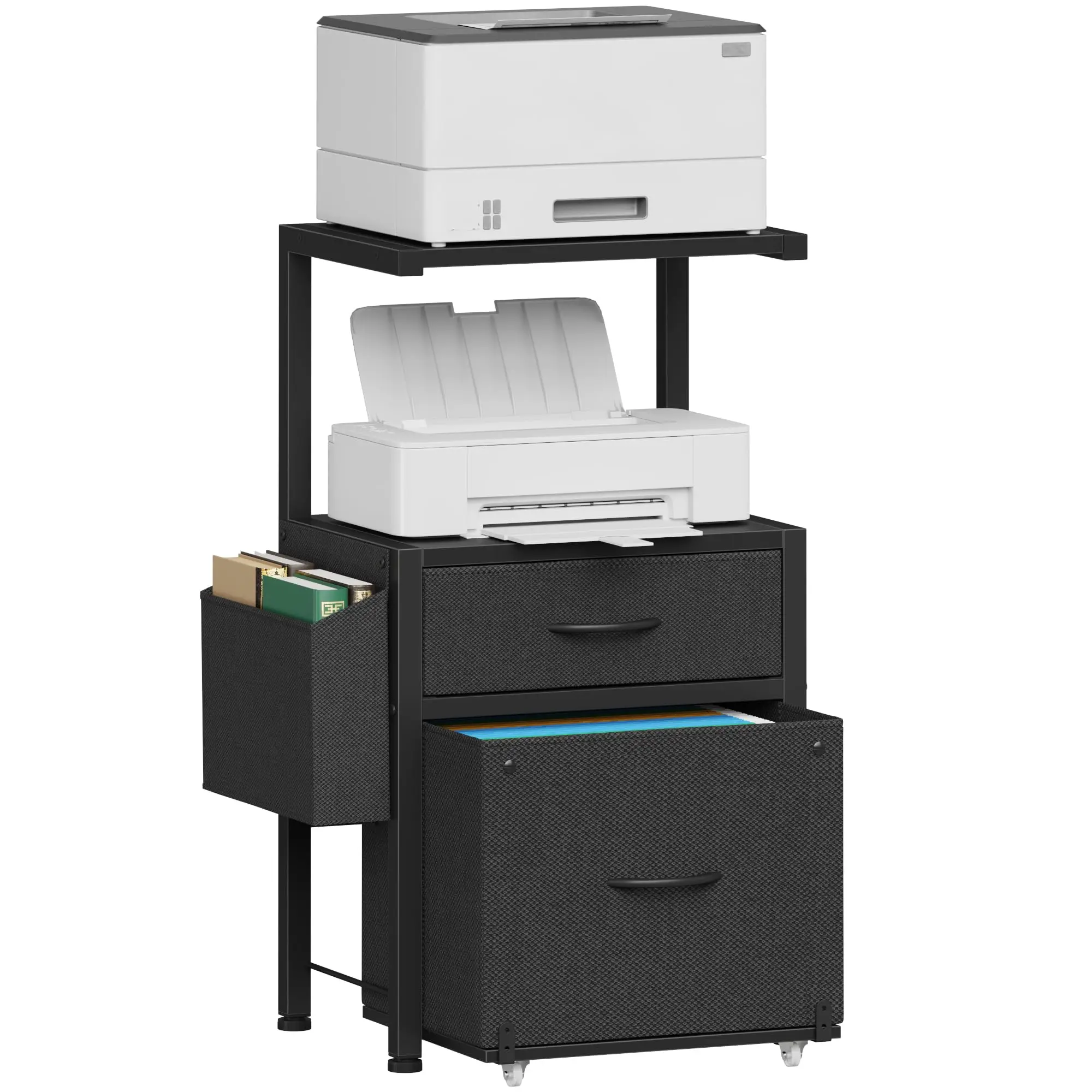 

2-Drawer File Cabinet With 2-Tier Printer Shelves Office Storage Unit For A4 Letter Size Black