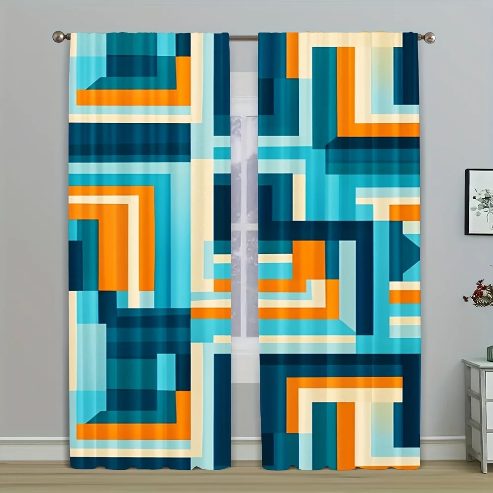 Moderne geometrische abstrakte Vorhänge mit blau-orangefarbenem Muster, Fensterbehandlungsvorhänge für zeitgenössische Wohnzimmer, Schlafzimmer, Heimdekoration C