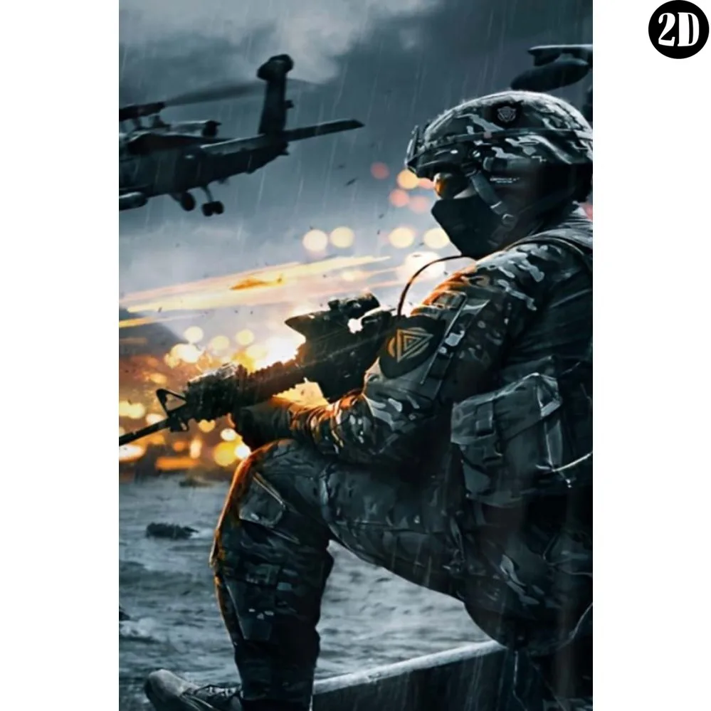 2D Flaches Metallschild - Spezialeinheit-Soldat im Kampf mit Hubschrauber, Regnerisches Schlachtfeld Militärische Wandkunst