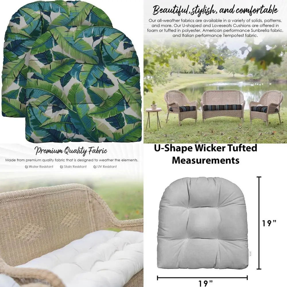 

All-Weather Outdoor U-Shape Wicker Seat Cushions Set of 2 - 19” x 19” Water-Resistant Spun Fabric for Chair