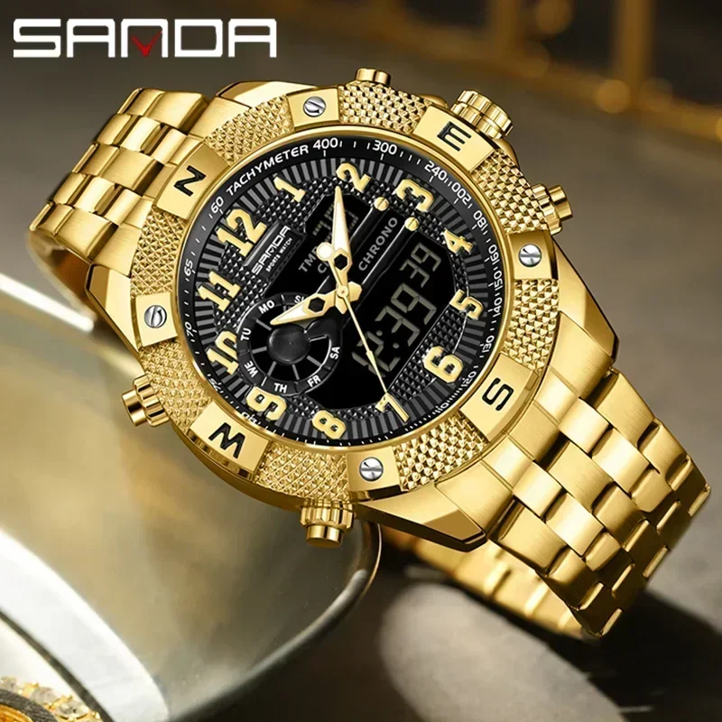 SANDA Top Men's Military Sport Quartz Watch Waterproof LED Digital Clock Stainless Steel Wristwatch