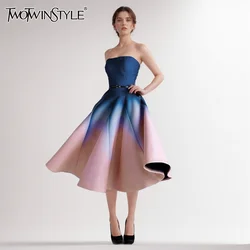 TWOTWINSTYLE Patchwork Folds Formal Dresses For Women Strapless Sleeveless High Waist Hit Color Elegant A Line Dress Female New