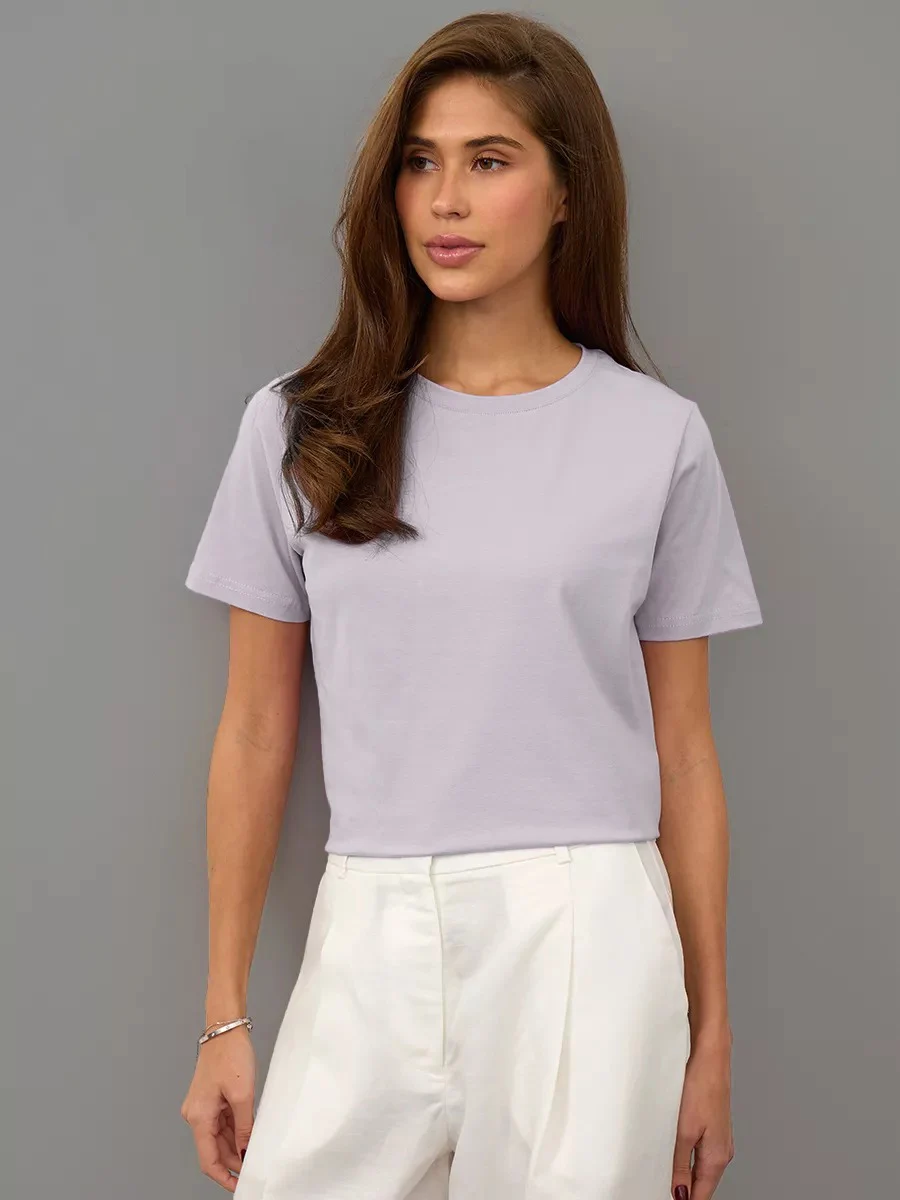 Bornladies Sommer 100% Baumwolle Damen T-Shirt Basic Modisches Damen Kurzarm Lose Oberteile Shirts Einfarbig 230g/ ㎡ Oberteile – Detail 18