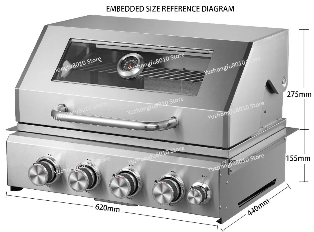 Stainless steel embedded outdoor BBQ stove, villa smoked barbecue grill, four head stove, covered with glass windows