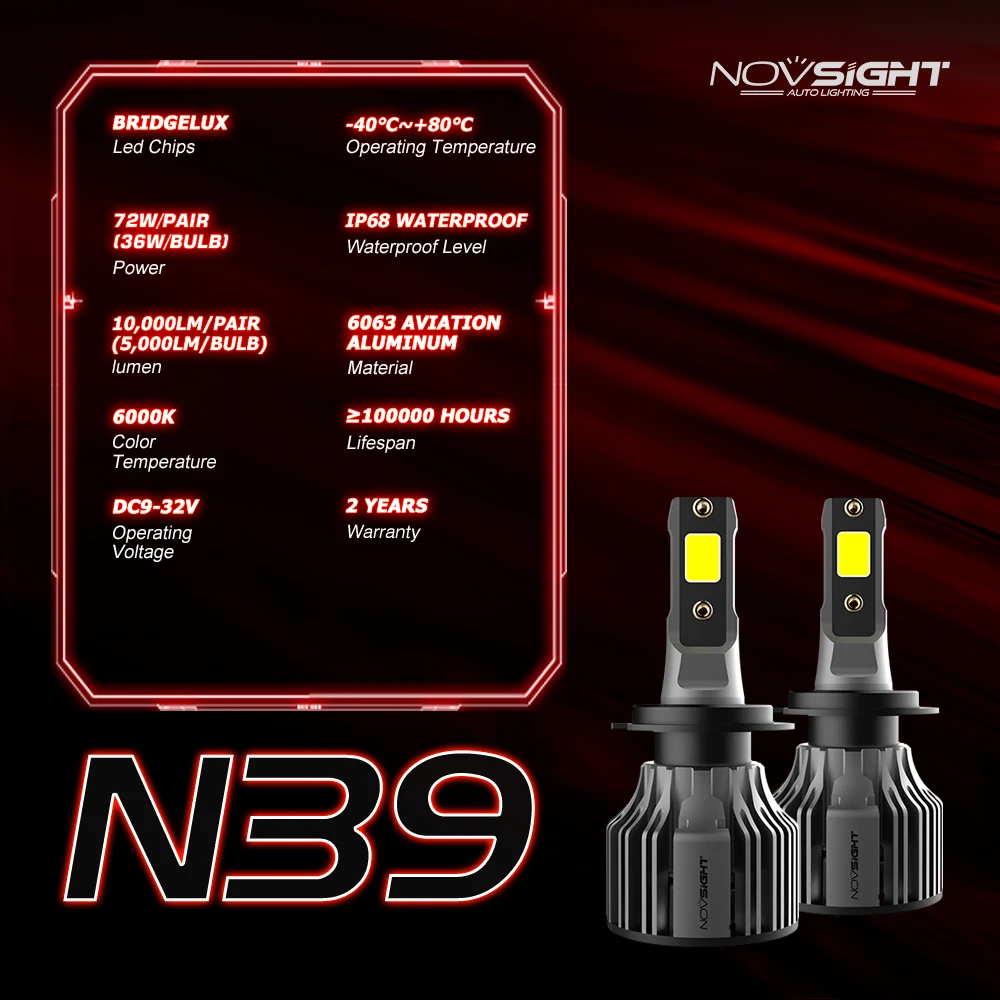 NOVSIGHT H7 Led Headlight Bulbs10000LM 72W 6000K H11 H8 H9 H1 H3 H4 9005 9006 9012 9007 H13 Fog Light Bulbs Car Accessories