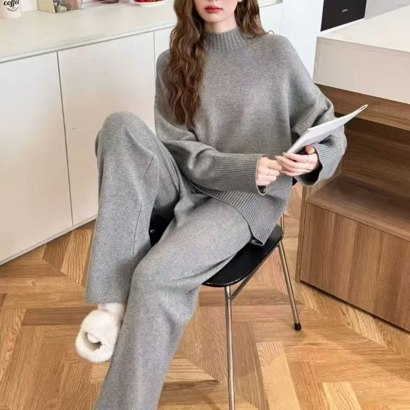 

Осенне-зимний свитер с полуводолазкой, широкий брючный костюм, женский однотонный свободный свитер в ленивом стиле, женский костюм из двух предметов