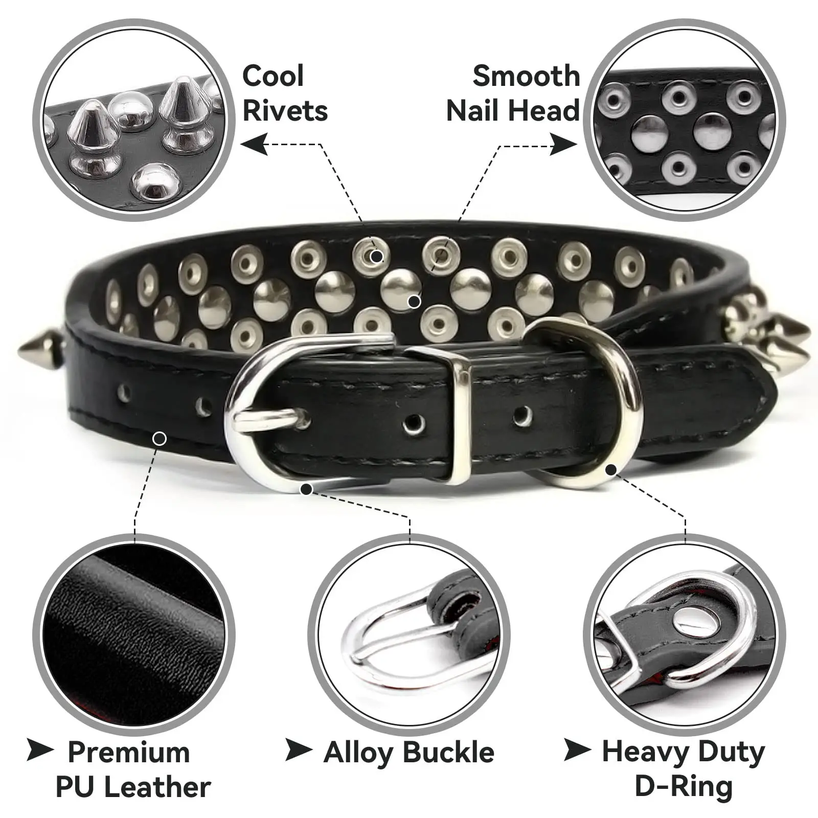 Adjustable Leather Pet Dog Collar Neck Strap Supplies PU Leather Punk Rivet Spiked Dog Collar Pet Collars for Small Dog Cat