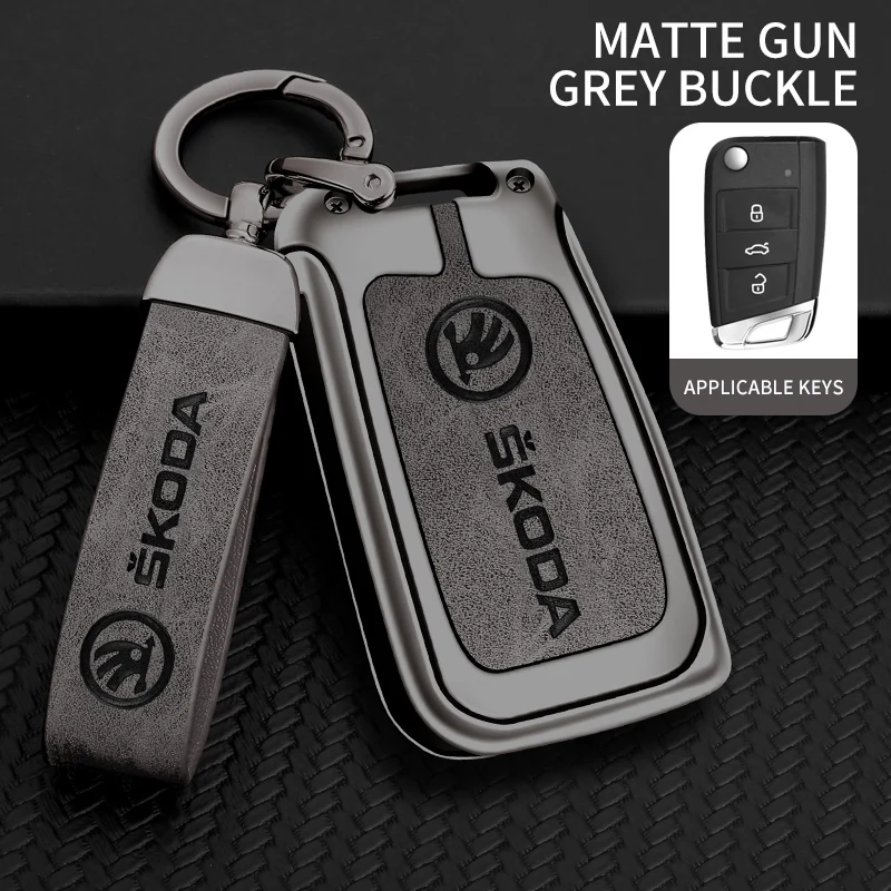 

Zinc Alloy Leather Car Flip Remote Key Case Cover Holder Shell for Skoda Octavia Kodiaq Karoq Protector Car Keychain Accessories