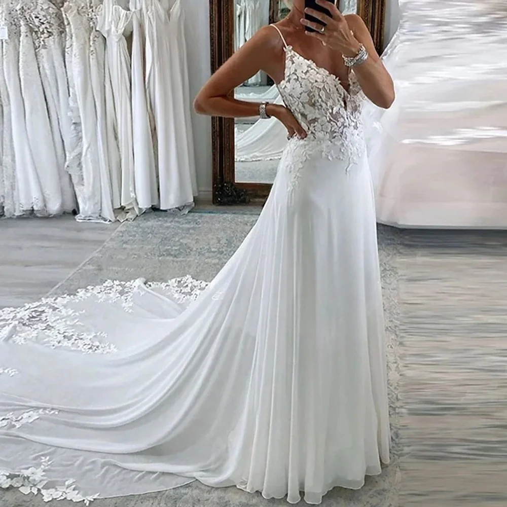 Vestido de casamento 2025 elegante decote em v profundo renda apliques sem costas a linha sem mangas alças espaguete vestido de casamento de noiva personalizado