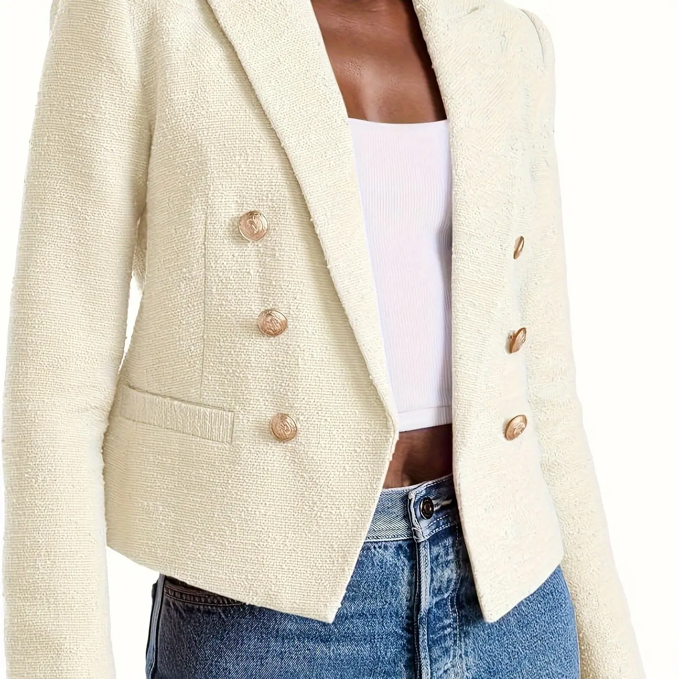 

Women Double Breasted Cropped Blazer Jackets Lapel Open Front Long Sleeve Business Suit Jackets With Pocket
