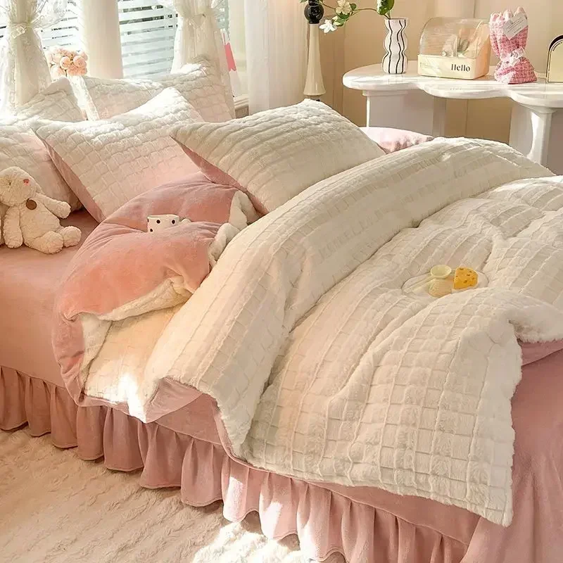 4pcs Small Grid Winter High-end Thicken Double-sided Velvet Bed Skirt  Milk Velvet Four Piece Set Warm Duvet Cover Bedroom Bed