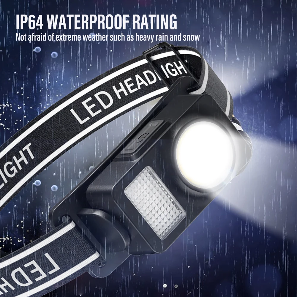 USB Rechargeable LED Headlamp COB Camping Fishing Headlight 3 Light Source Mini Lantern Waterproof Warning Light Flashlight