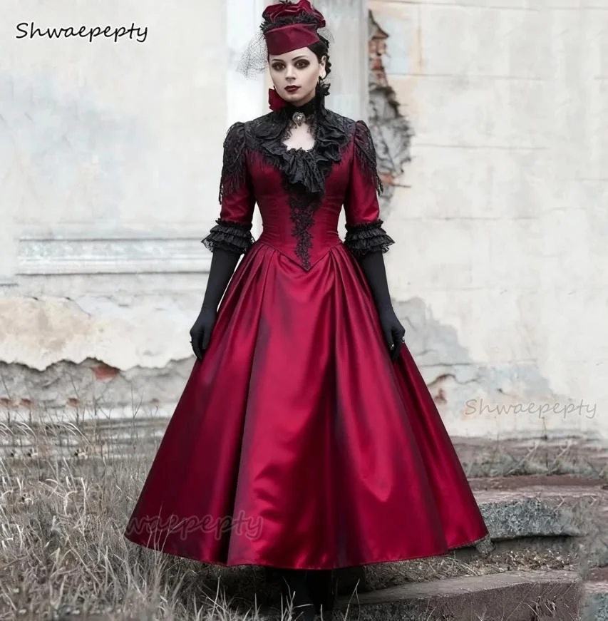 

Gothic Victorian Prom Dress Burgundy A-Line Ankle Length Evening Gowns Half Sleeves Black Lace Appliques Costume Customized