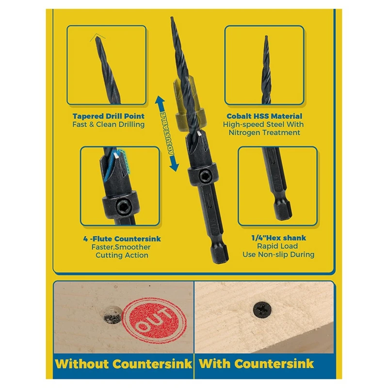 A23T Countersink Drill Bit Set 16PCS - Adjustable Depth Hex Shank Woodworking Bits with Storage Box