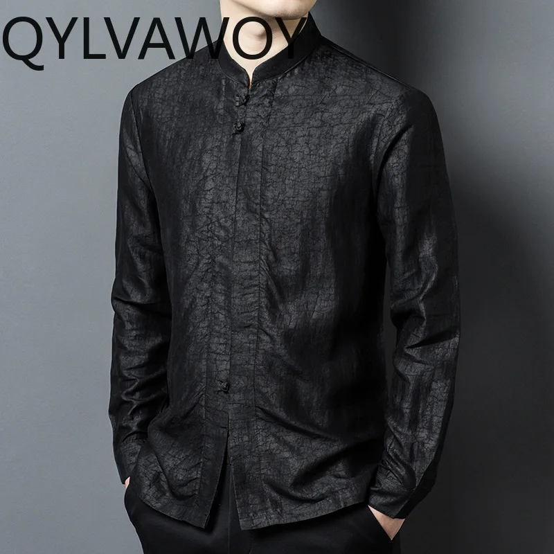 QYLVAWOY 100% Mulberry Silk Men's Shirts Xiangyunsha Menswear Clothing Tops Long Sleeves Shirts Stylish Chinese Shirts for Man