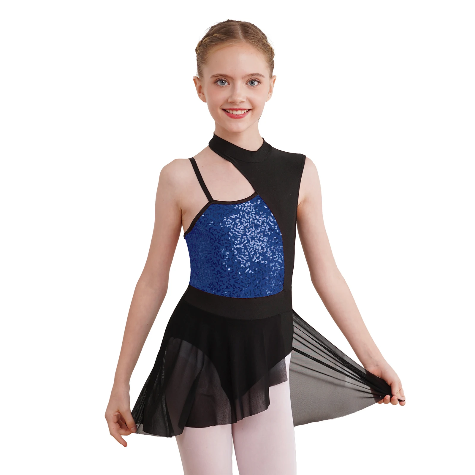 

Kids Girls Shiny Sequins Gymnastics Artistic Figure Skating Dance Costume Round Collar Off Shoulder Ballet Lyrical Tutu Dress