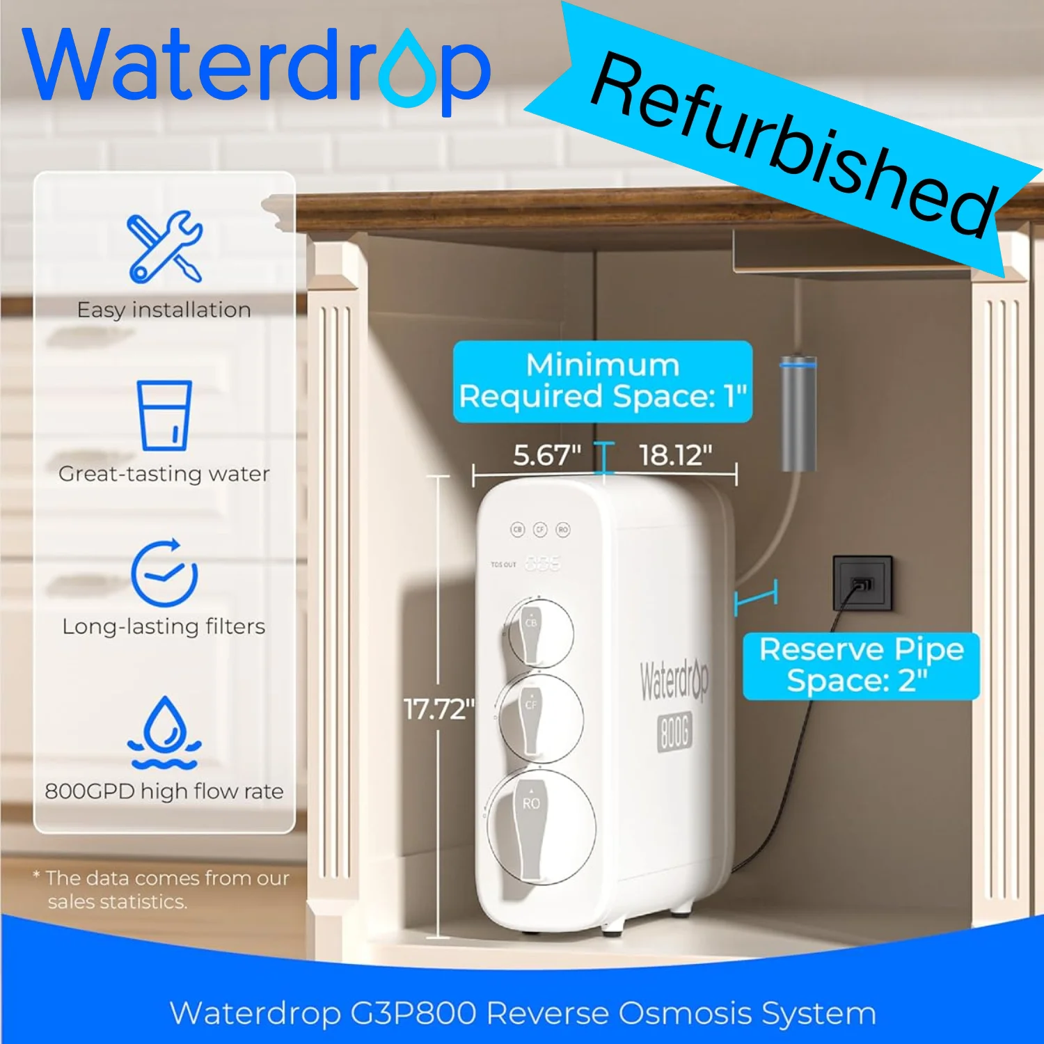 

[Refurbished] Waterdrop G3P800 Reverse Osmosis System, 800 GPD Fast Flow, NSF/ANSI 42 & 53 & 58 & 372 Certified