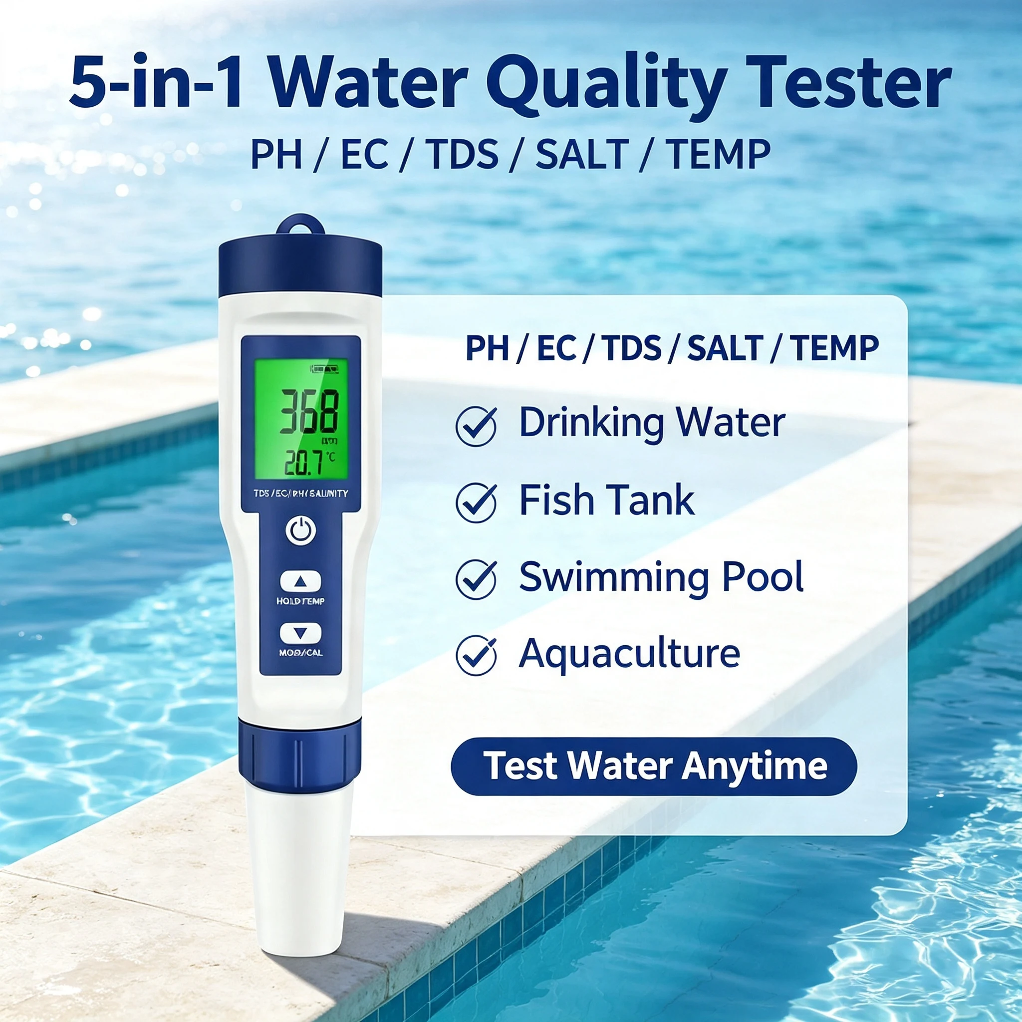 5-in-1 Digitaler Wasserqualitätstester-Stift PH TDS EC Messgerät mit Hintergrundbeleuchtung für Aquarium-Wassertemperatur-Tester – Detail 1