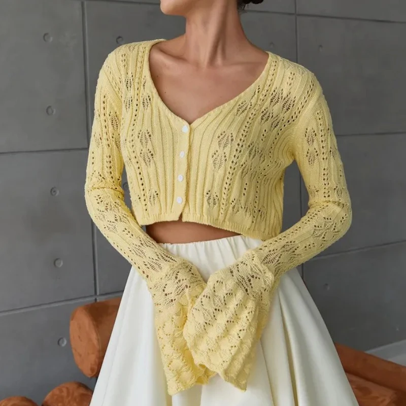 

Women's Summer Knit Long Sleeve V-Neck Cardigan Solid Color Bodycon Hollow Out Slim Fit Party Club Solid Color Top for Vacation