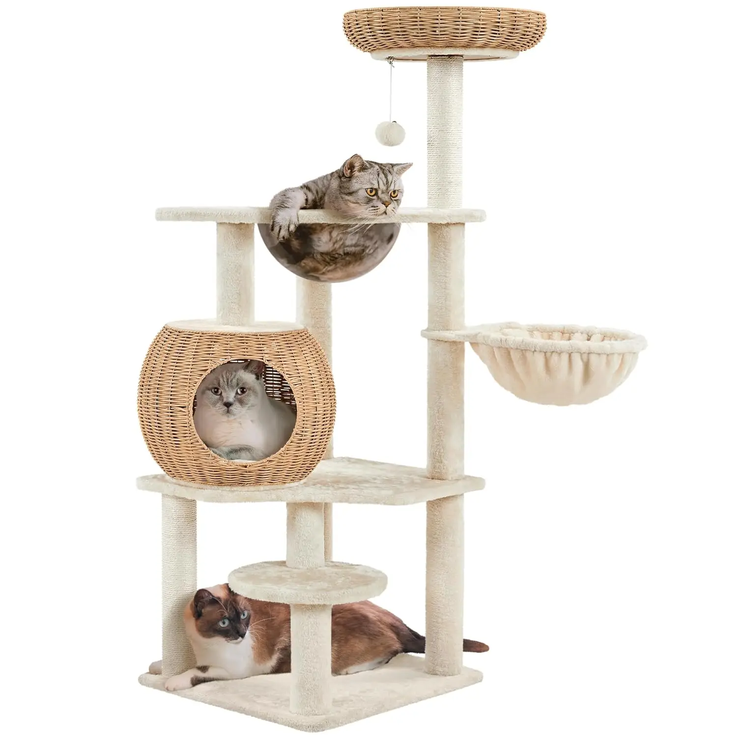 54in Rattan Cat Tree Tower with Woven-Style Nest and Hammock
