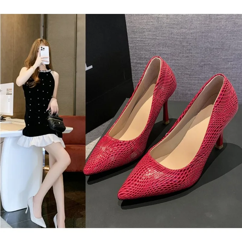 2026Sexy Pointed Toe Kitten Heels Women Pumps Genuine Leather Women's Shoes Snake Pattern High Heels Office Career Shoes