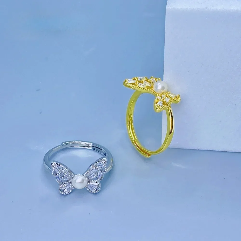 Hengsheng 3-4mm Freshwater Pearl Rings Jewelry Copper Simply Butterfly Zircon Adjustable Rings for Women 2025 New Arrivals