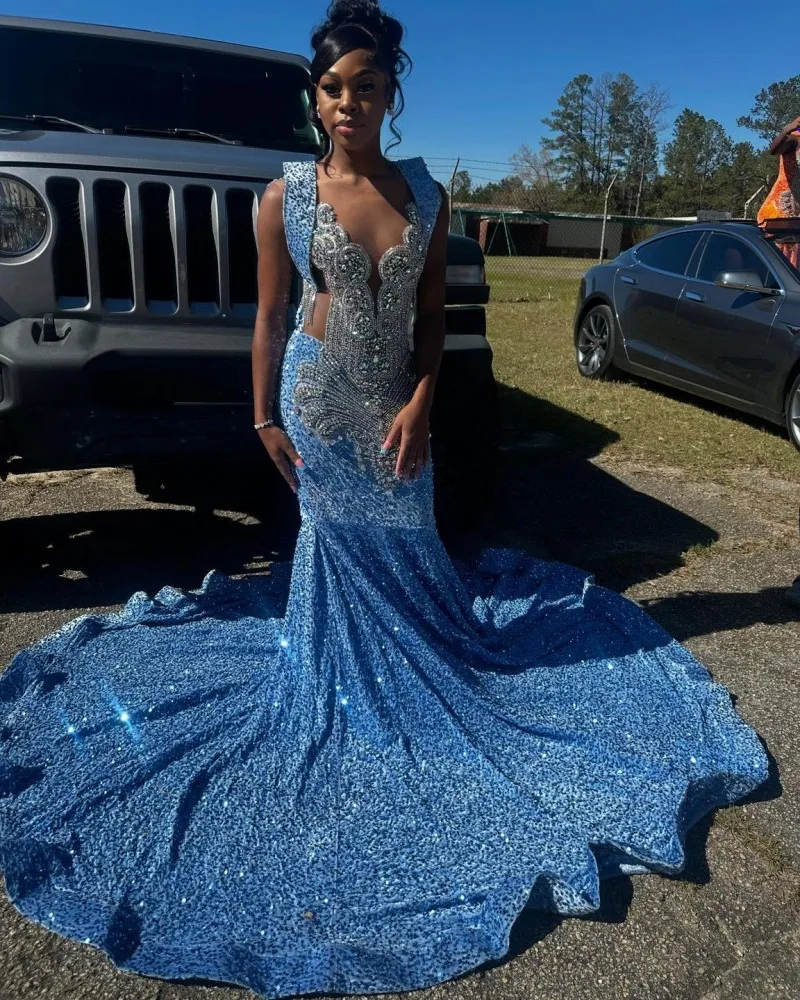 فساتين لحضور الحفلات الموسيقية بدون أكمام باللون الأزرق اللامع للفتيات الأفريقيات 2025 مطرز بالكريستال طويل حورية البحر فستان حفلات الزفاف فاخر مخصص