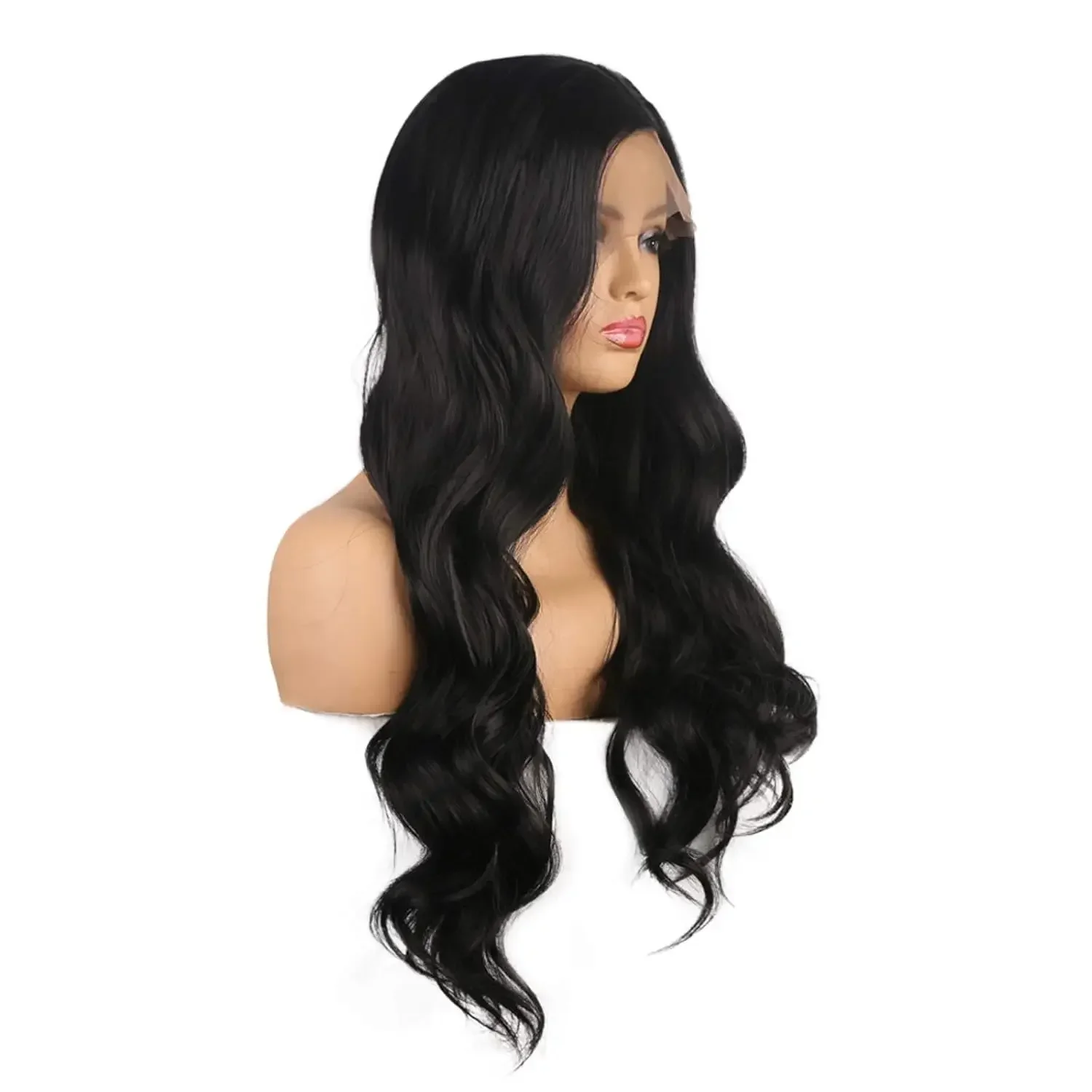 Perruque Lace Front Synthétique Longue et Ondulée Noire pour Femme, Cheveux Sans Colle, Fibre de Degré de Chaleur, Cosplay Party et 03/Wear
