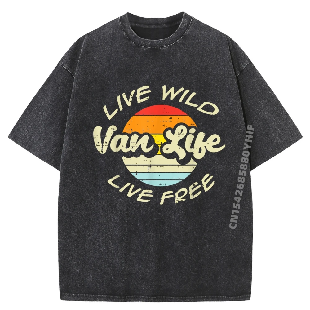 

Live Wild Free Van Life Ретро Кемпинг Rv Camper Графические футболки Мужская осенняя забавная рубашка Мужская потертая футболка в стиле ретро