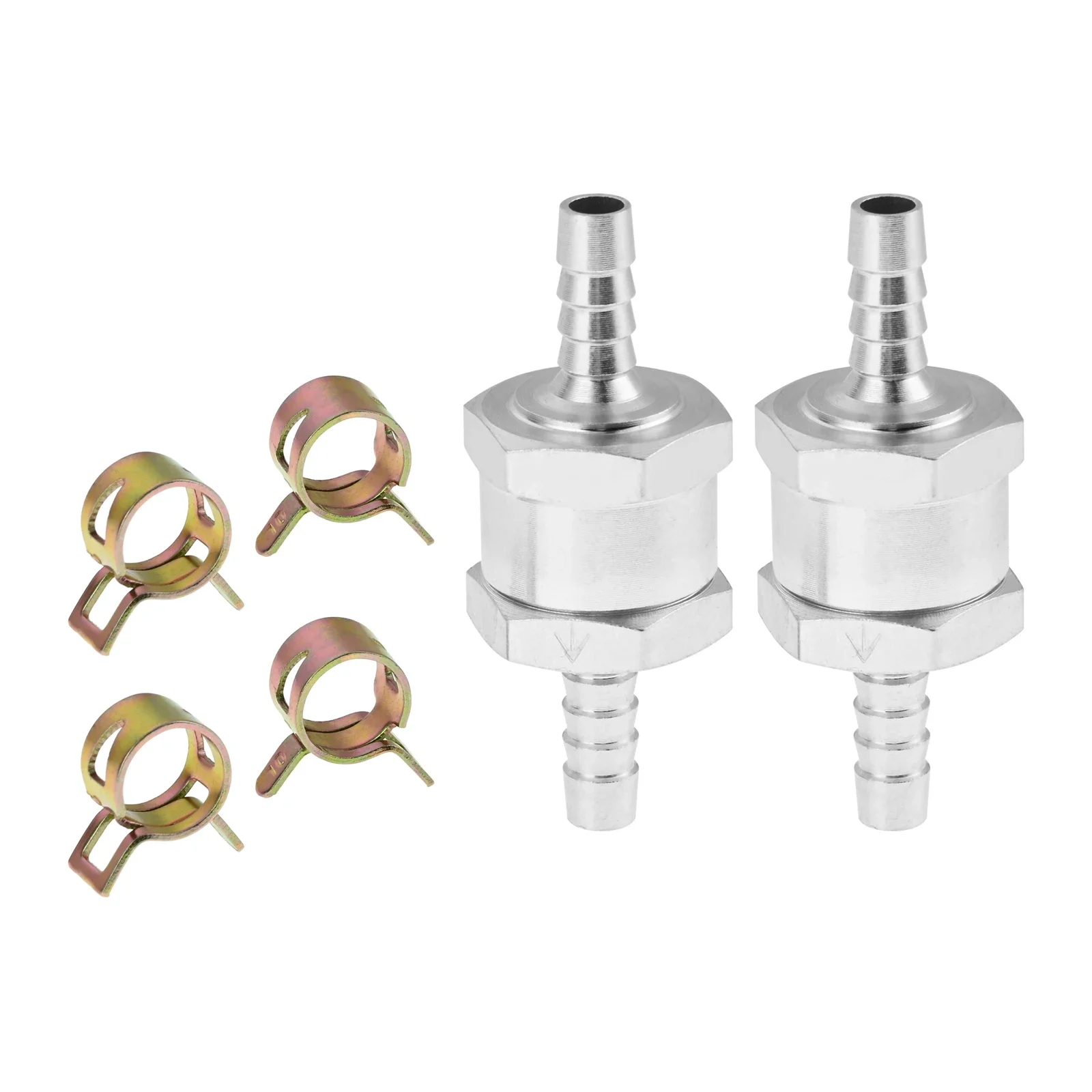 2Pcs 6mm/8mm Aluminium RVs Non Return One Way Check Valve with 4Pcs Universal Adjustable Hose Clamps for Fuel Petrol Diesel Line