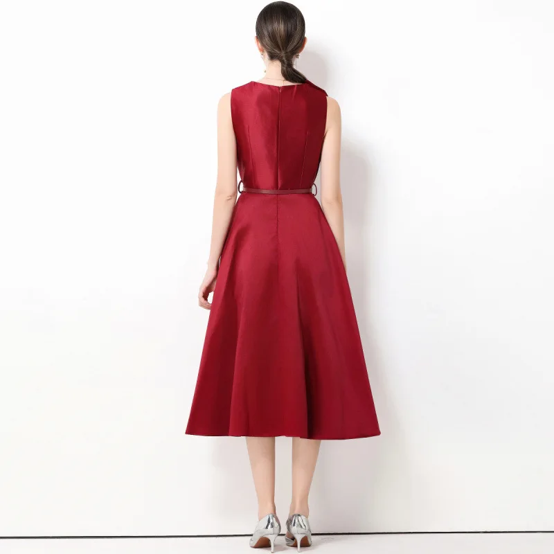 Retro V-ne Maxi Dr مع حزام وفيونكة كبيرة للشارع، تنورة عالية الخصر على شكل حرف A، مادة Fce للارتداء اليومي