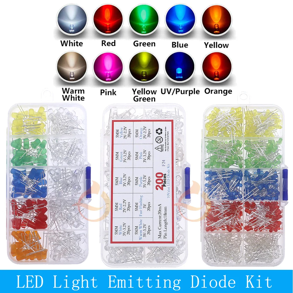 3mm 5mm 10mm Zestaw diod elektroluminescencyjnych LED RGB Ciepła biel Zielony Czerwony Niebieski Żółty Pomarańczowy Różowy Fioletowy Słomkowy kapelusz LED Piranha