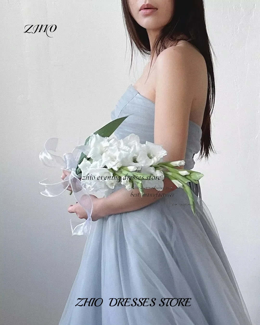 Sukienka ślubna ZHIO, niebieska, koreańska, na zamówienie, linia A, tiulowa, gorsetowa, plisowana, do ziemi, zapinana na zatrzaski, 웨딩드레스