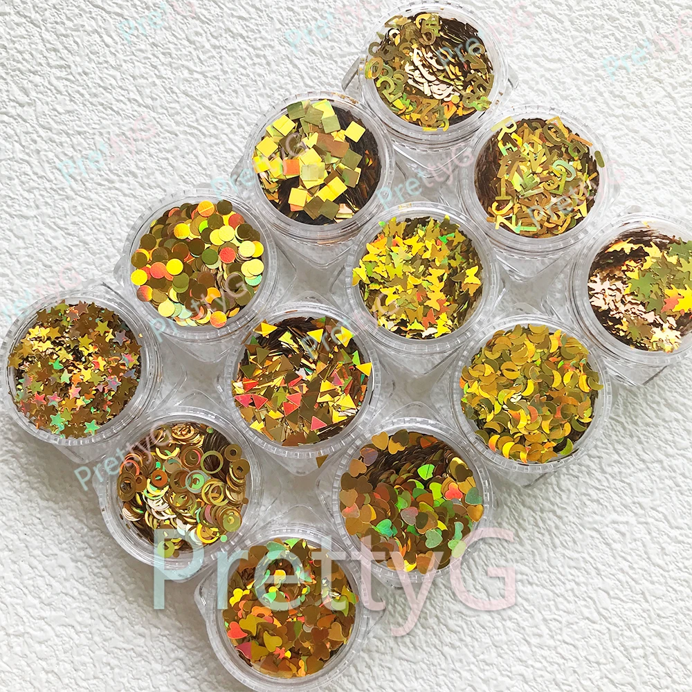 PrettyG 1 Set 12Color Box Holographic Gold Sequins Glitter Number Letter Shape Nail Glitter For Resin DIY Nail Art Decoration