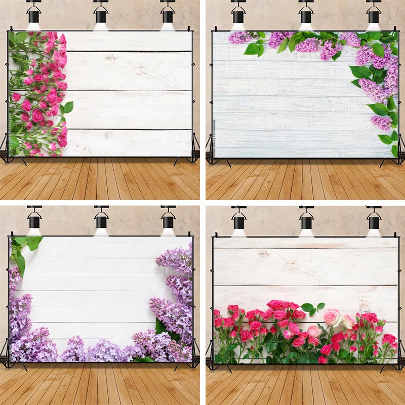 

SHUOZHIKE Art Fabric Photography Backdrop Simulated Flowers and Wooden Board Photography Studio Background WYY-05