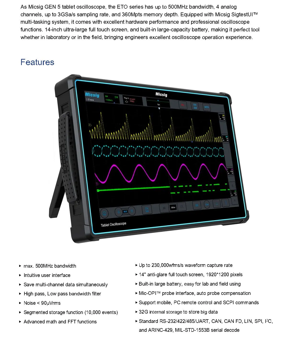 Micsig Digital Tablet Oscilloscope ETO Series ETO5004/ETO3504 Bandwidth 500MHz  Sampling Rate 3GSa/s  Memory Depth 360Mpts 4ch