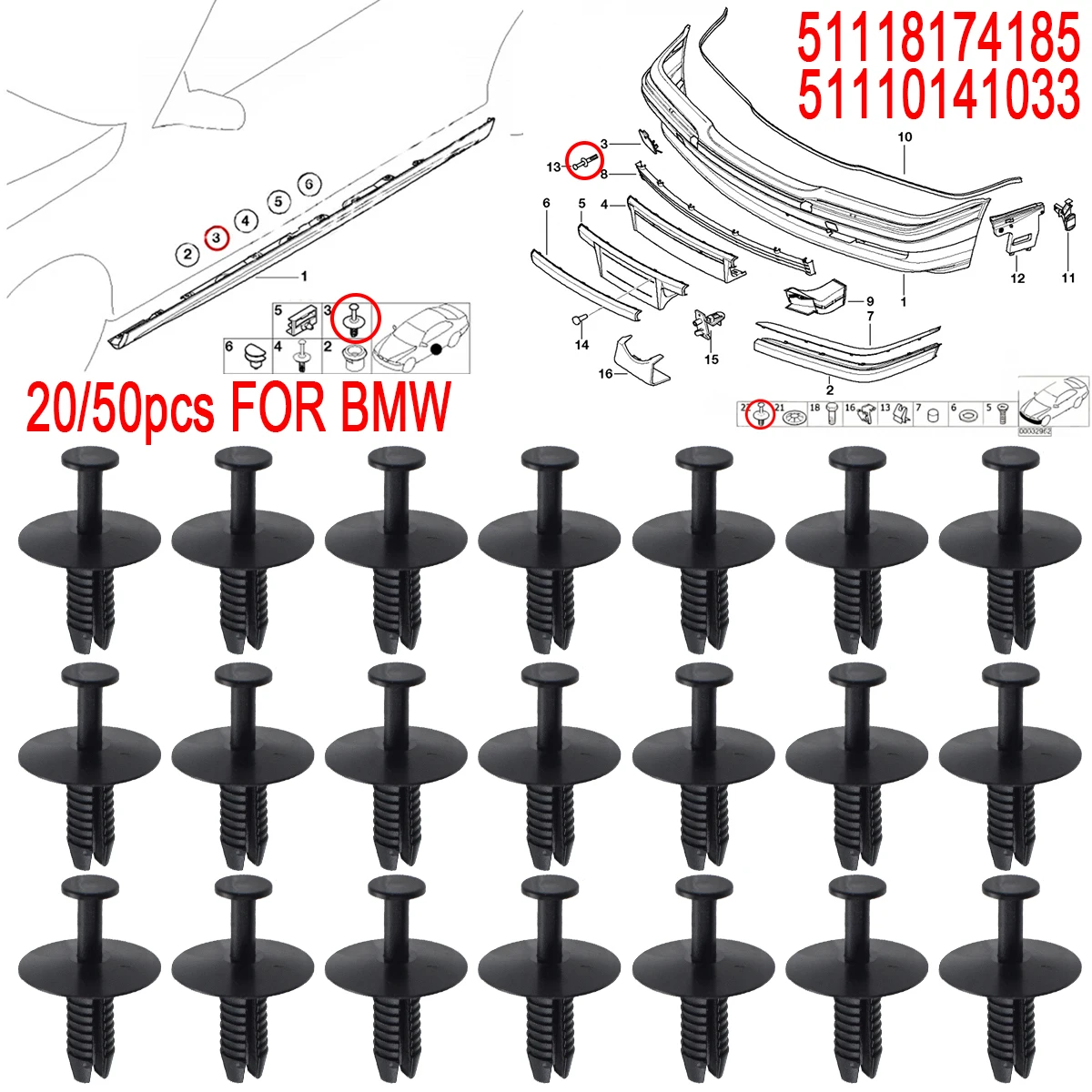 20/50pcs Car Bumper Trim Clips Door Sill Fender Liner Wheel Arch Retainer For BMW 3 5 7 Series 51118174185 Push Rivet Fastener