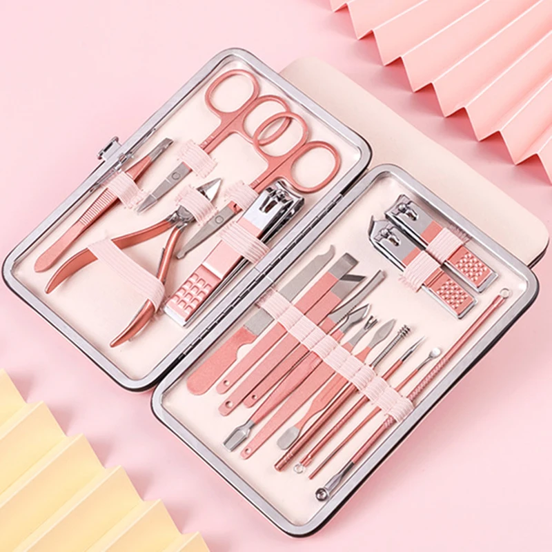 Stainless Steel Nail Clipper Set Grooming Tool Set With Portable Case Manicure Art Tool Pink Nails Cut