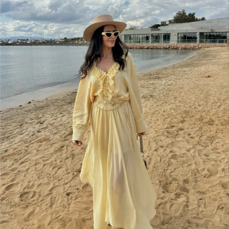 Women's Long-sleeved Chiffon Shirt With Plain Ruffles, Loose Casual V-neck And Long-sleeved Street Top Spring Summer Holiday Top