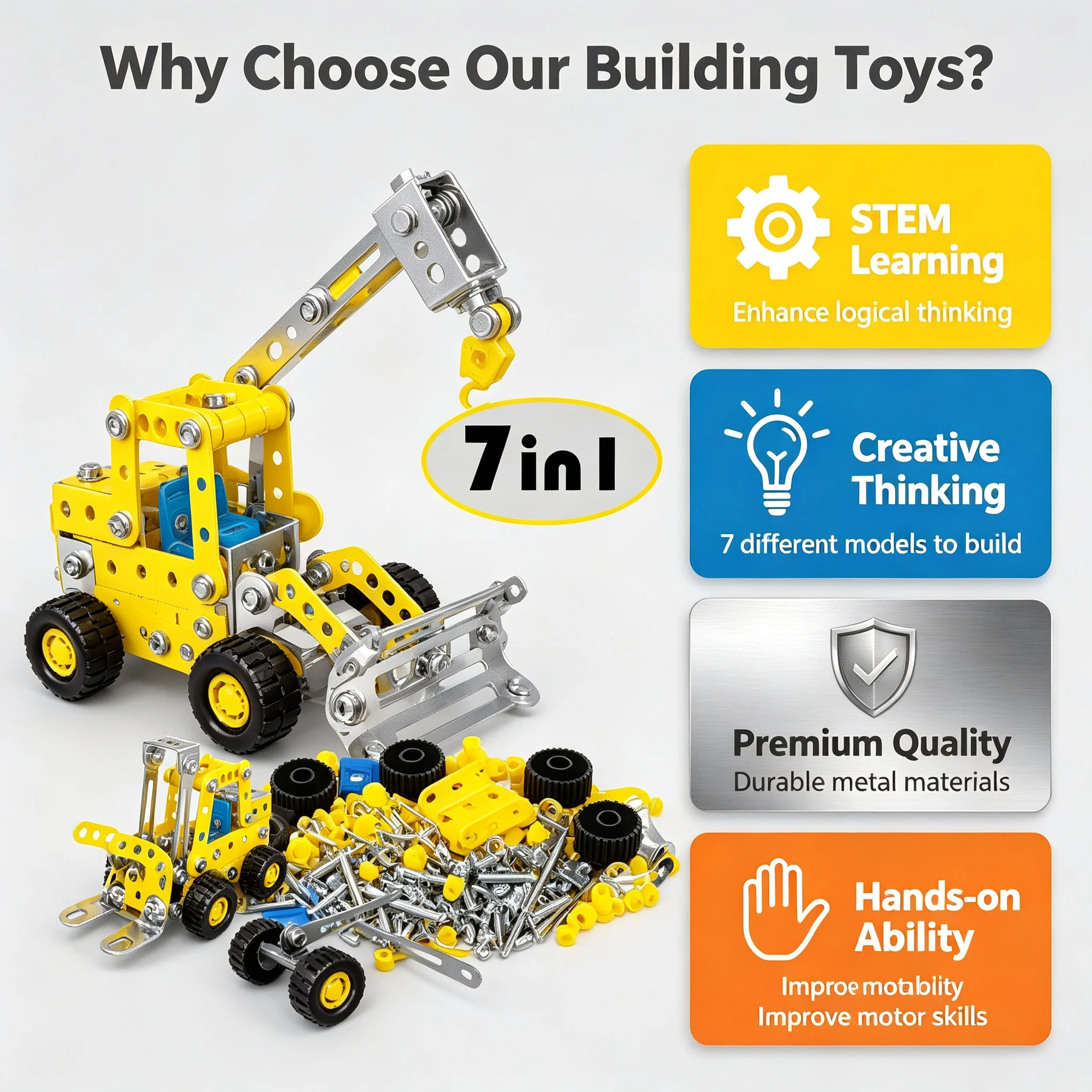 7-in-1 Metal Engineering Vehicle Building Kit DIY Alloy Construction Truck Assembly Blocks Educational STEM Toy for Kids