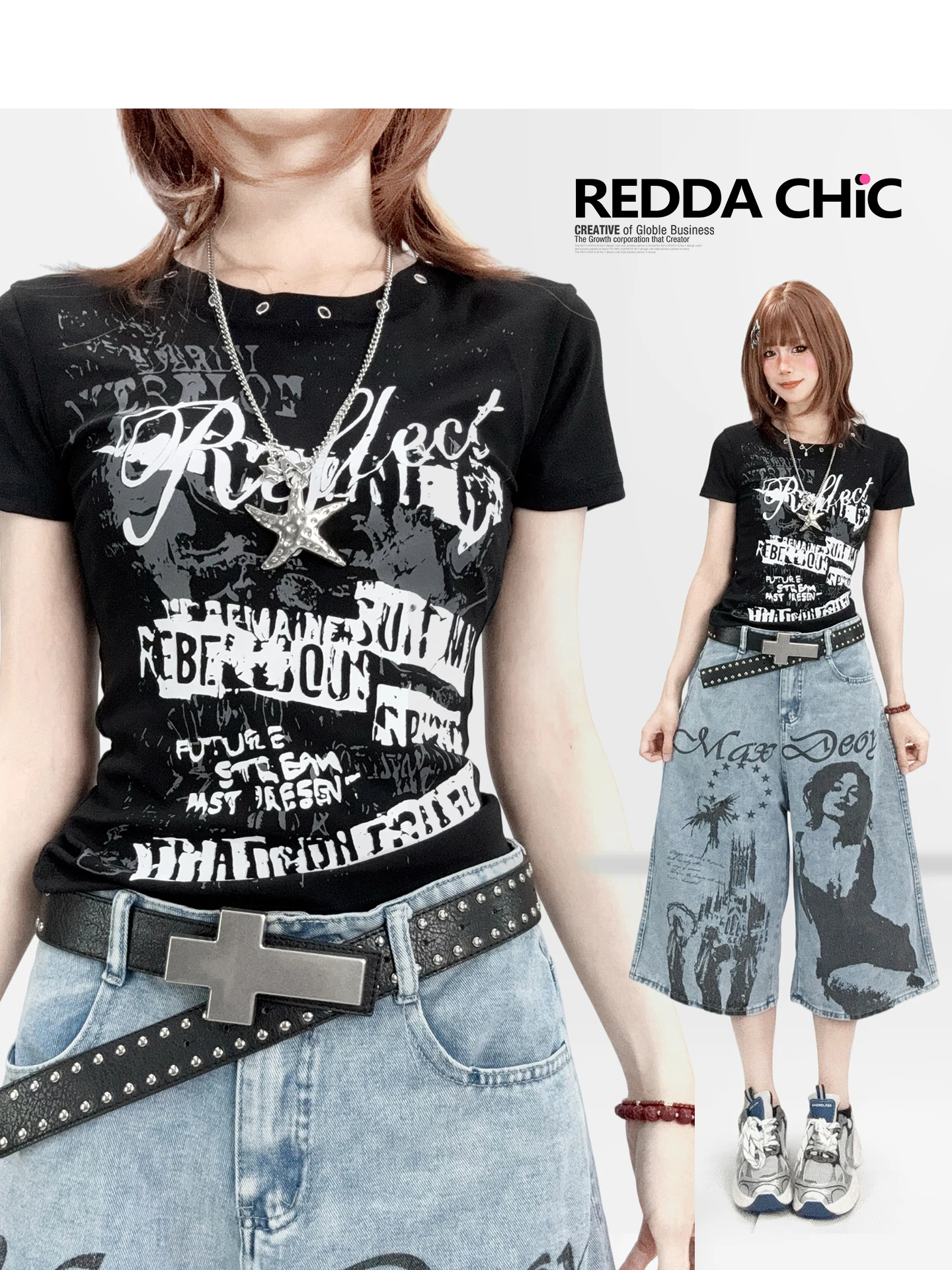 Dark Subculture Short Sleeve T-Shirt Women's Slim Fit Waist-Cut Top Sweet Cool Versatile Blood Flow Print Summer Fashion