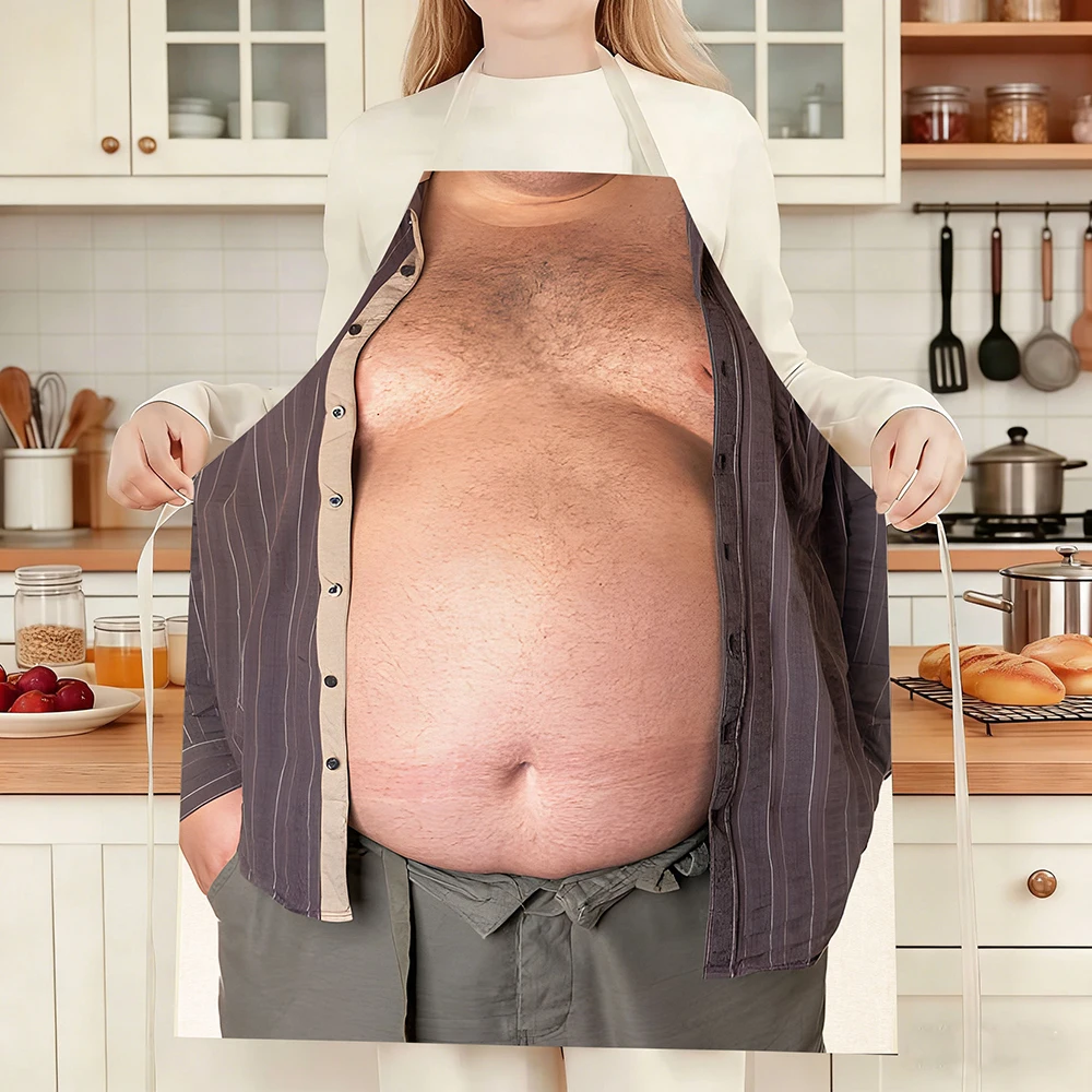 1PC  Funny Fake Beer Belly Print Kitchen Apron, Hilarious Dad Bod Stripe Shirt Design Cooking Apron for Men, Stain-Resistant Che