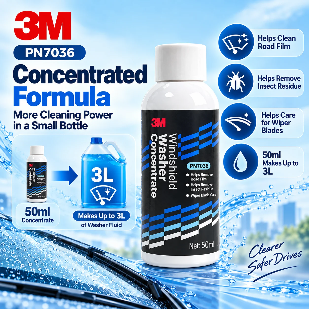 3M PN7036 Windshield Washer Concentrate Road Film Cleaner for Car Washer Reservoir 50ml Up to 3L
