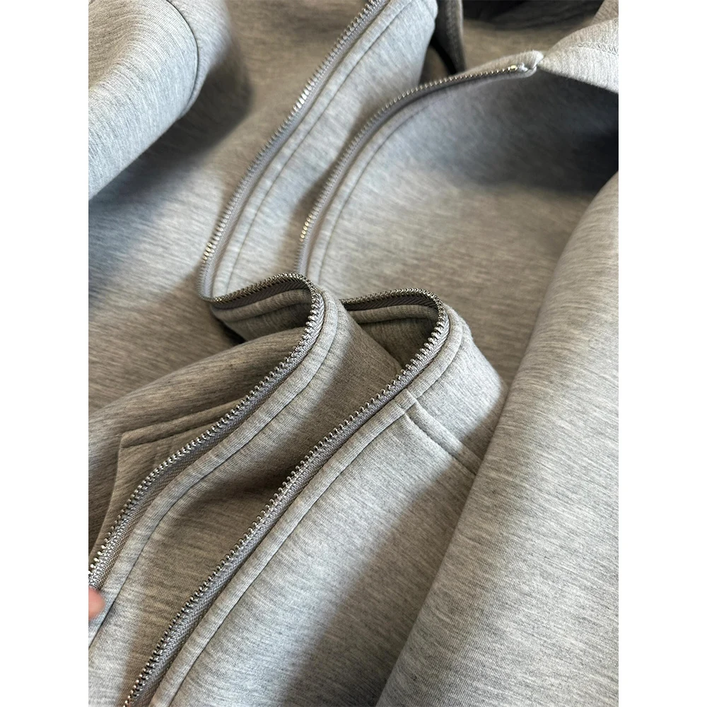 Damski szary płaszcz z kapturem, jednolity kolor, długi rękaw, luźna kurtka na zamek błyskawiczny, styl sportowy, damska moda jesienna, oversize, odzież wierzchnia.