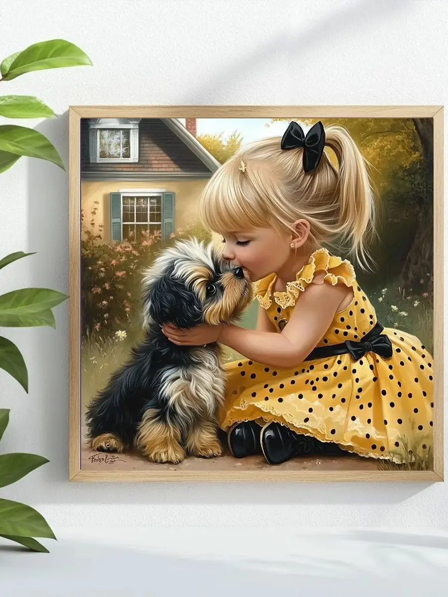 1 Stück 40x40 cm/15,74 Zoll „Das kleine Mädchen und der Hund“ Kreuzstich-Set DIY-Kit 11CT/14CT Wandbild als Geschenk Neu eingetroffen – Detail 1