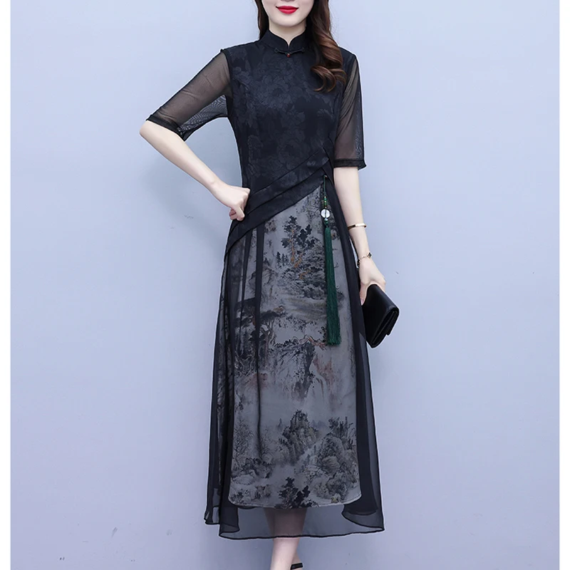 Black Long Dresses For Women Summer Chiffon Cheongsam Female Stand Collar Short Sleeve Large Size Casual Landscape Print Vestido