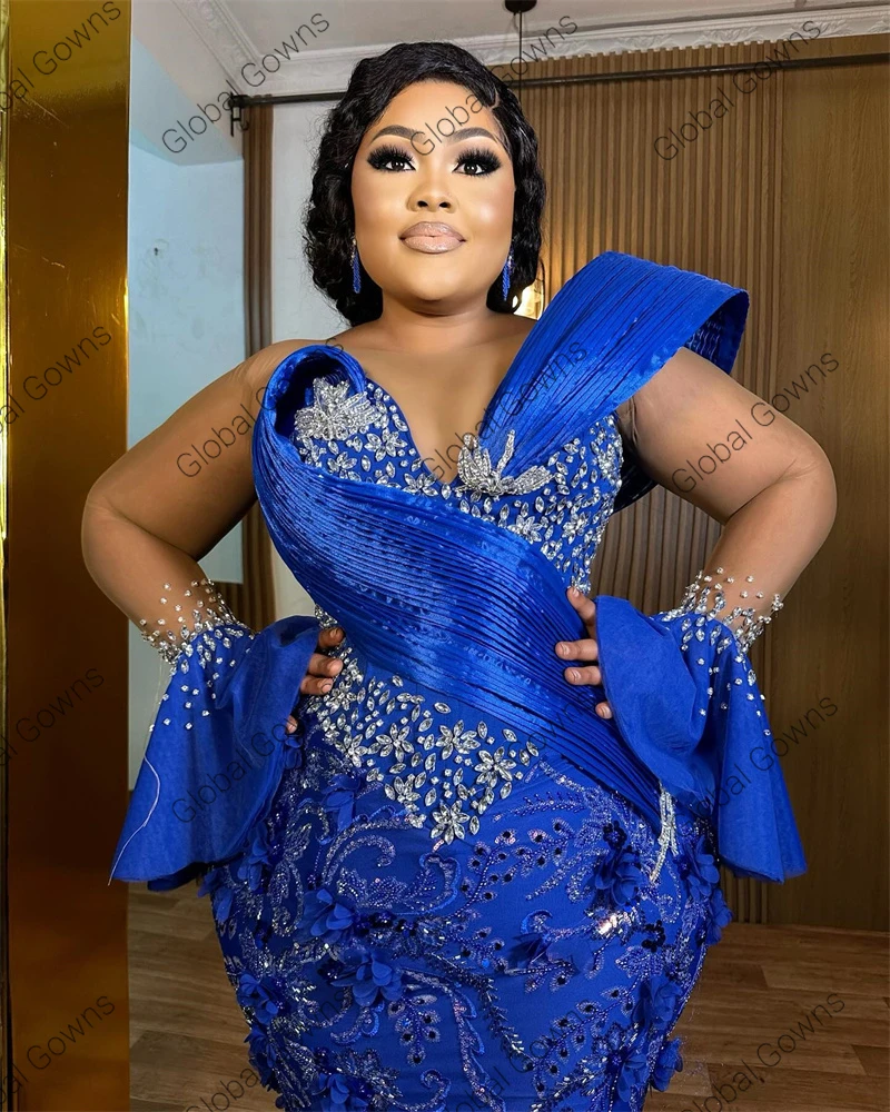 Aso Ebi Royal Blue O N Evening Dress Black Girl Bead Crystal Birthday Party Dresses Luxury Flower Wedding Prom Gown Customized